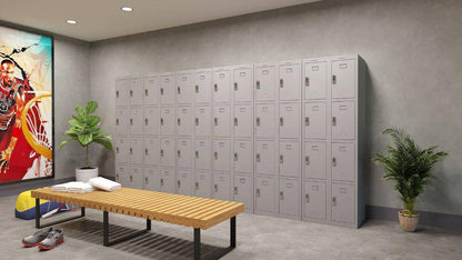 Room with multiple Phoenix PL1430GG lockers, gym setting