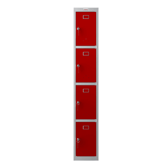 Phoenix PL1430GR locker, 1 column, 4 red doors, front view