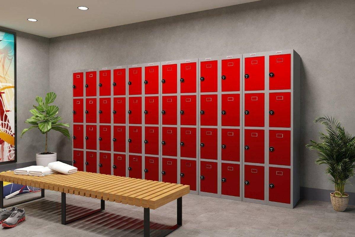 Locker room with Phoenix PL1430GR lockers, bench