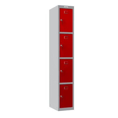 Phoenix PL1430GR locker, 1 column, 4 red doors, angled view