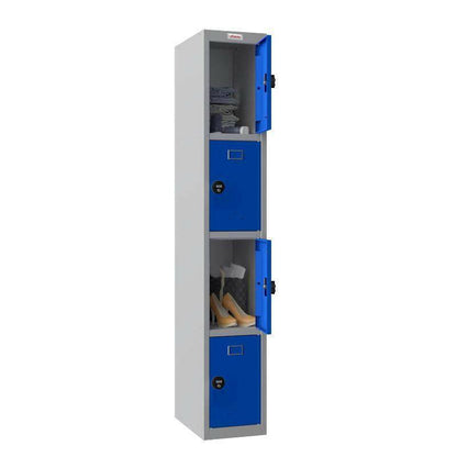 Phoenix locker with open doors, combination locks, showing storage