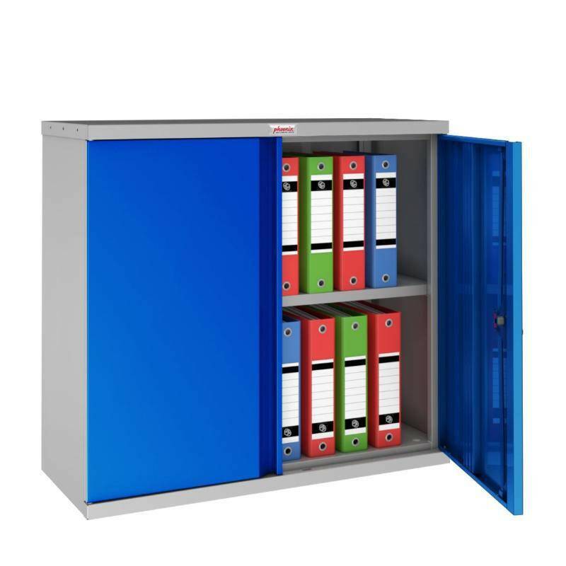 Phoenix SC1010GB blue cupboard with open doors and files