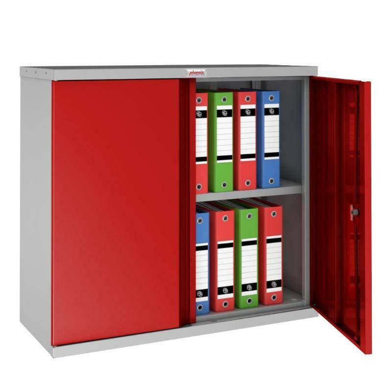 Phoenix SC1010GR red steel cupboard with open door and files