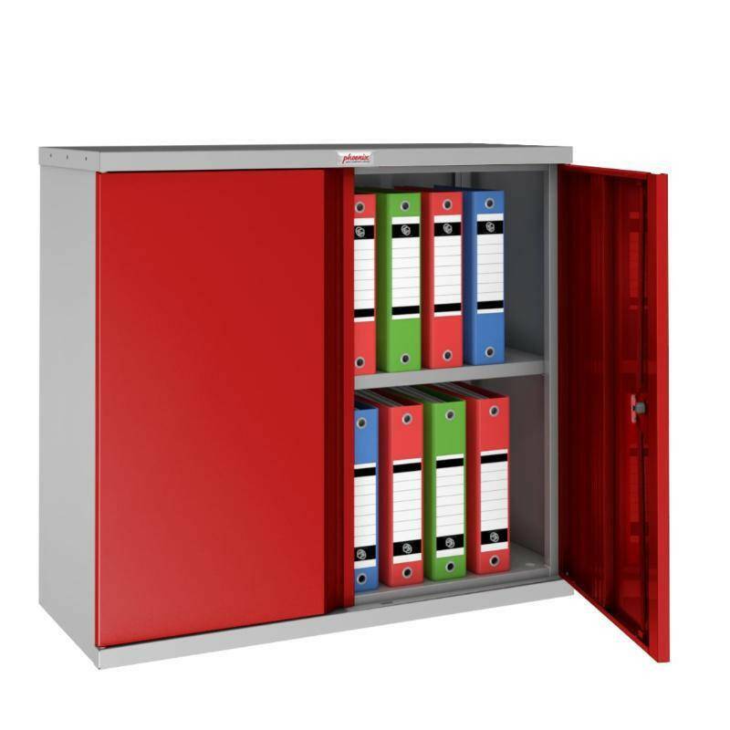 Phoenix SC1010GR red steel cupboard with open door and files