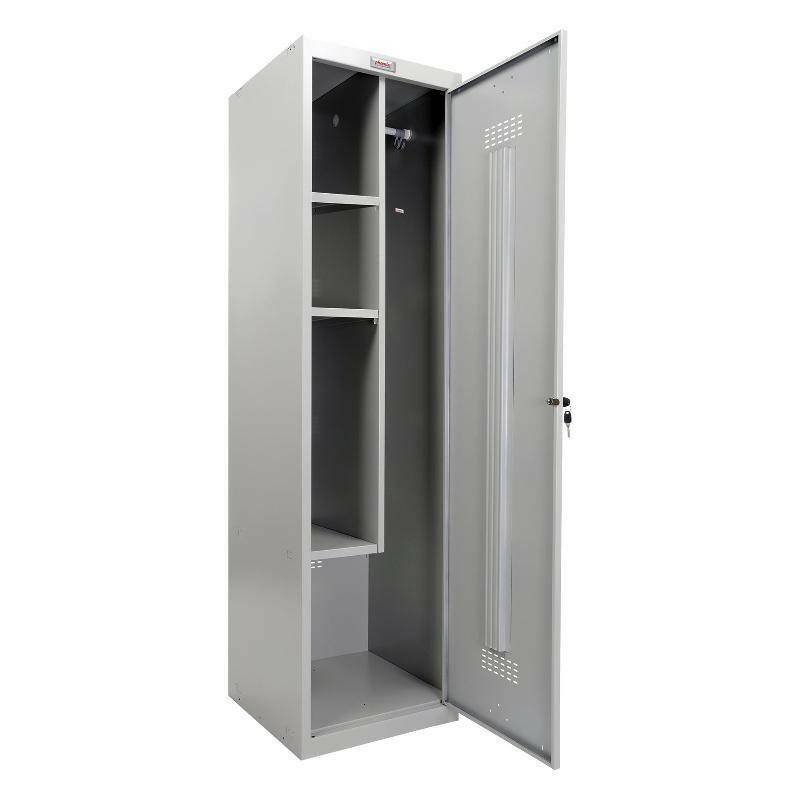 Phoenix Utility UL1150 grey locker with open door, interior shelves