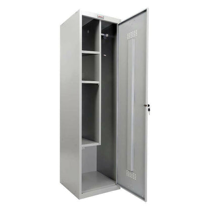 Phoenix Utility UL1150 grey locker with open door, interior shelves